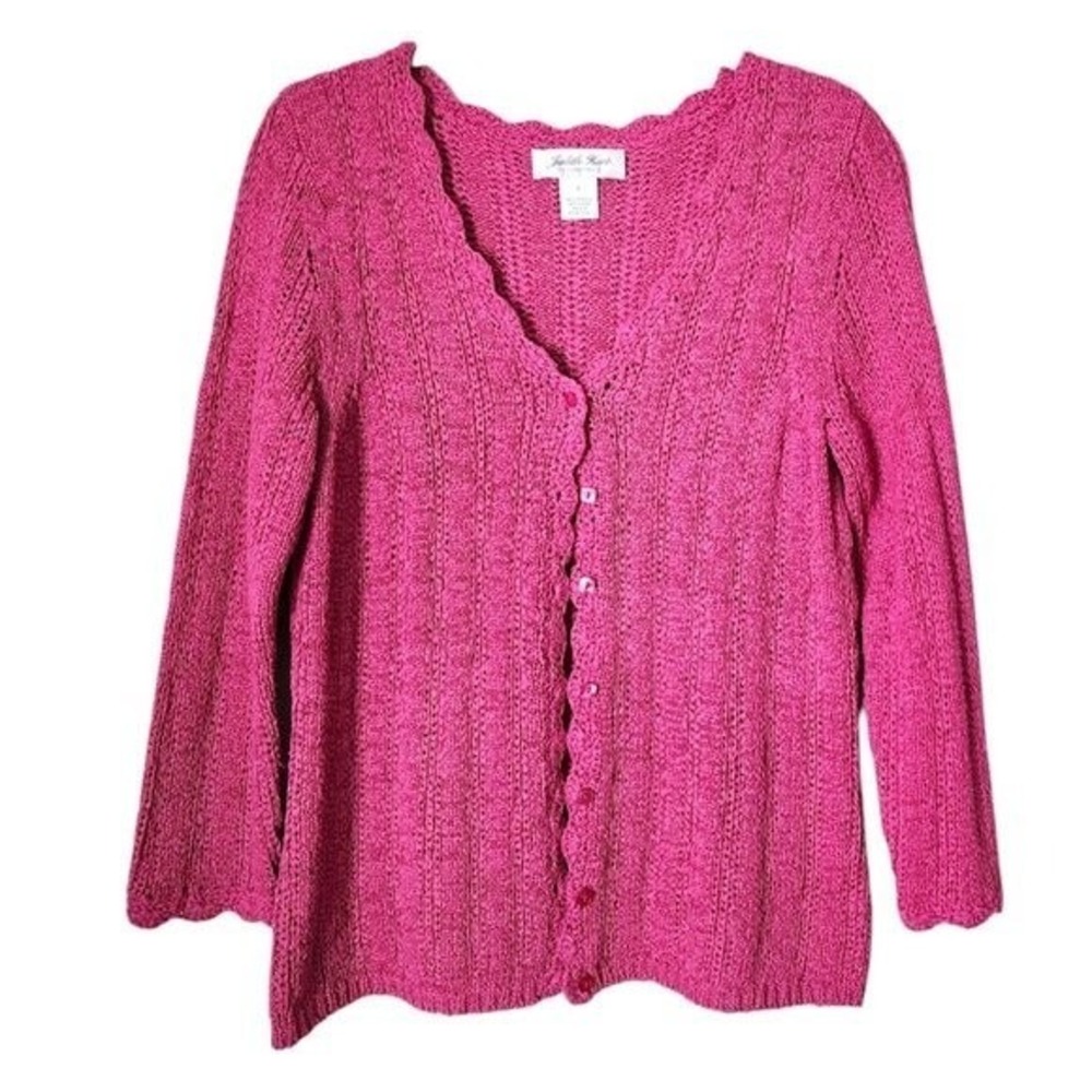 JUDITH HART VINTAGE 90s Pink Scallop Open Knit Button‎ Cardigan Sweater Size M - Picture 4 of 11